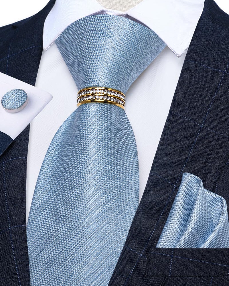 DiBanGu Mens Tie Set Silk Necktie and Gold Tie Ring Pocket Square Cufflinks Formal Business Wedding Ties with Gift Box, Light Blue - Image 3